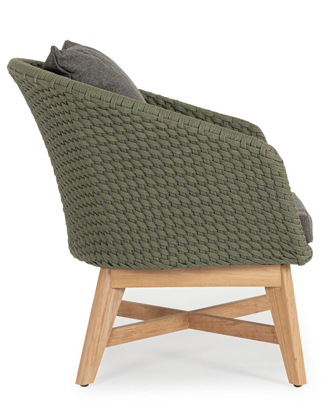 Design kerti fotel, olajzöld olefin kötélszövéssel, szürke színű ülő és hátpárnákkal.