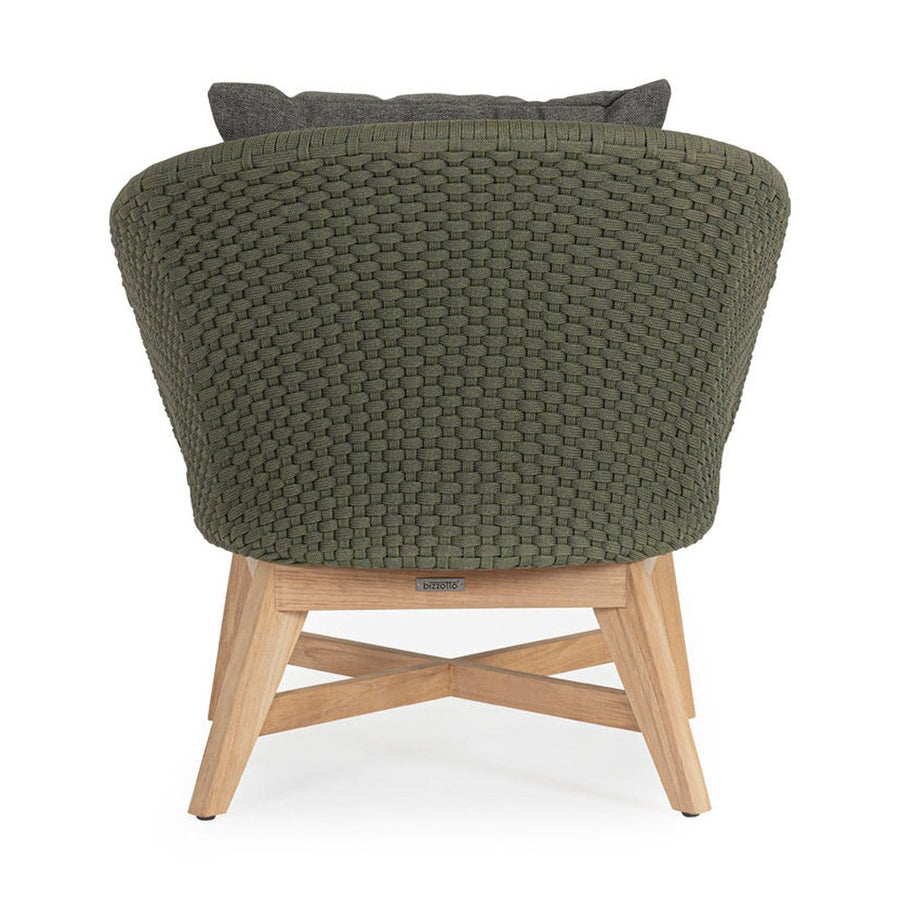 Design kerti fotel, olajzöld olefin kötélszövéssel, szürke színű ülő és hátpárnákkal.