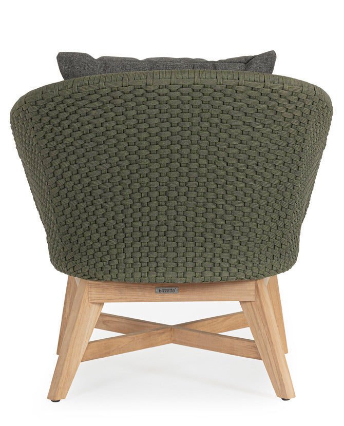 Design kerti fotel, olajzöld olefin kötélszövéssel, szürke színű ülő és hátpárnákkal.