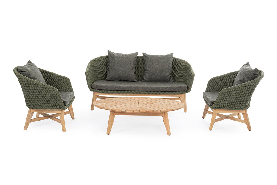 Négyrészes design kerti ülőgarnitúra két fotellel, kanapéval és dohányzóasztallal.