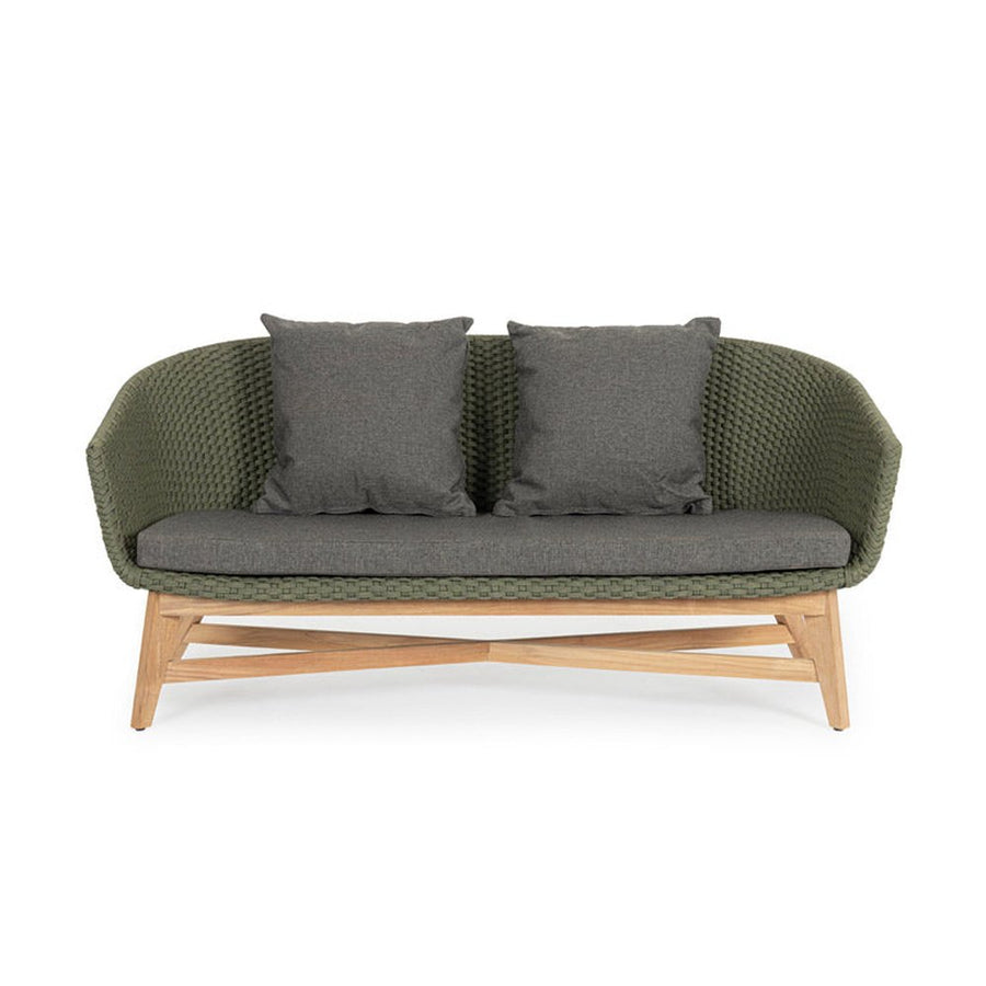 Design kerti kanapé, olajzöld olefin kötélszövéssel, szürke színű ülő és hátpárnákkal.