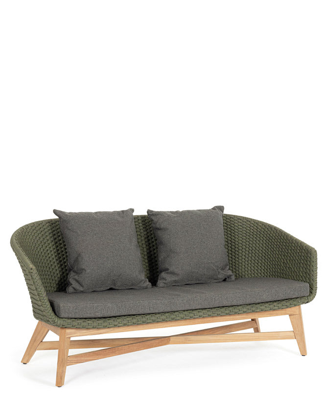 Design kerti kanapé, olajzöld olefin kötélszövéssel, szürke színű ülő és hátpárnákkal.
