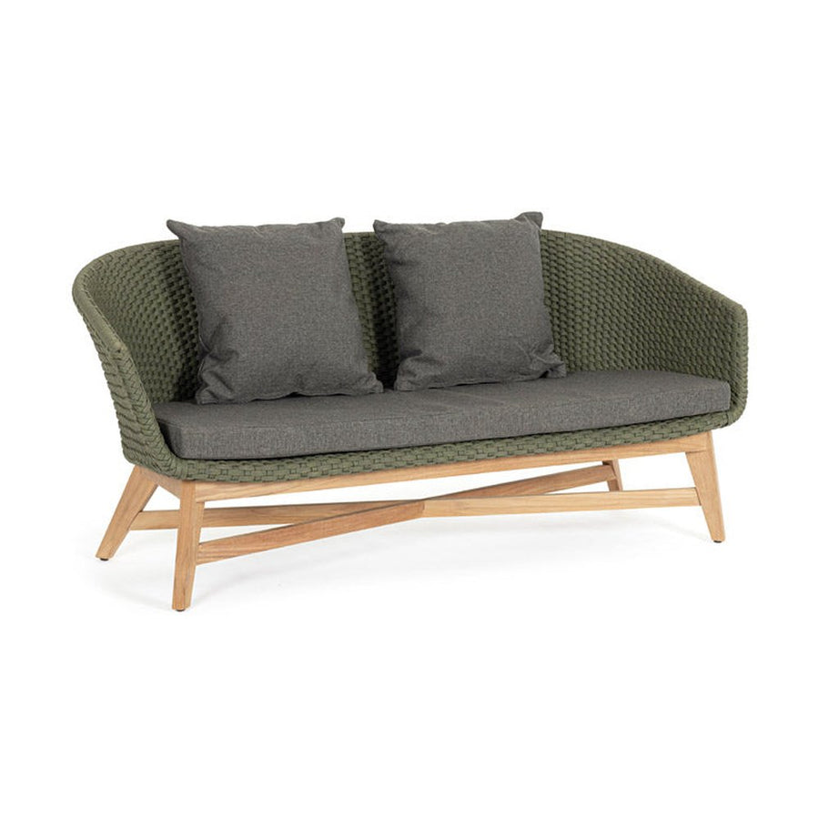 Design kerti kanapé, olajzöld olefin kötélszövéssel, szürke színű ülő és hátpárnákkal.