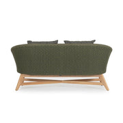 Design kerti kanapé, olajzöld olefin kötélszövéssel, szürke színű ülő és hátpárnákkal.