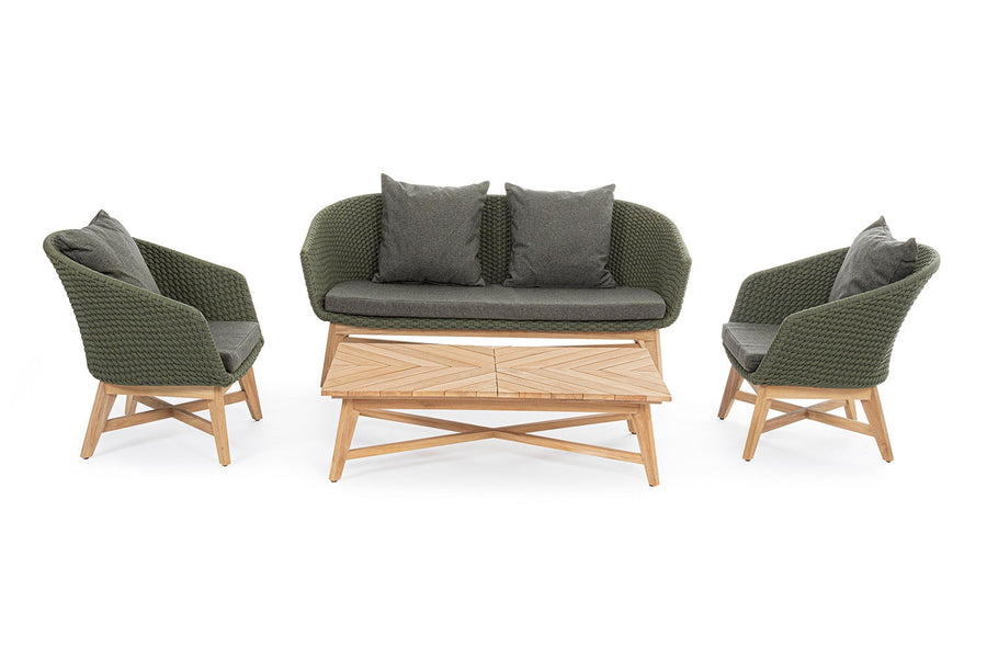 Négyrészes design kerti ülőgarnitúra két fotellel, kanapéval és dohányzóasztallal.