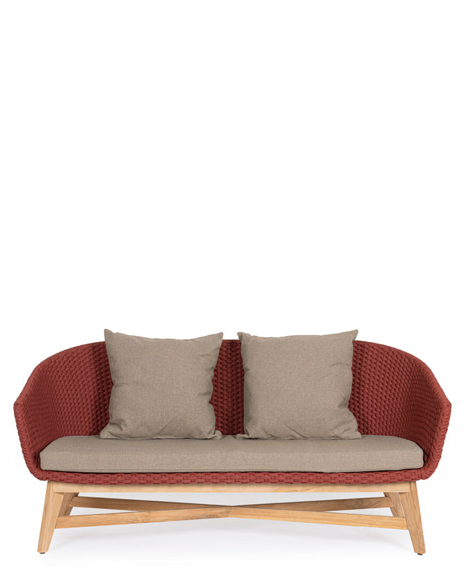 Design kerti kanapé, skarlátvörös olefin kötélszövéssel, szürke színű ülő és hátpárnákkal.