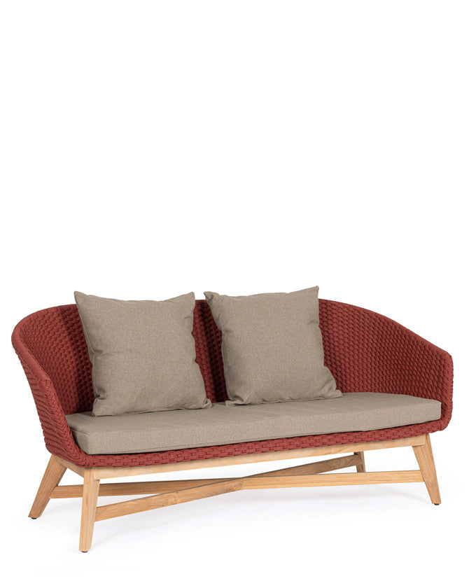 Design kerti kanapé, skarlátvörös olefin kötélszövéssel, szürke színű ülő és hátpárnákkal.