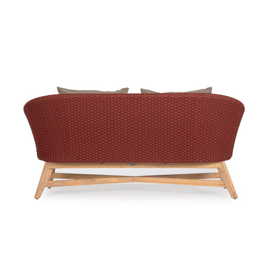 Design kerti kanapé, skarlátvörös olefin kötélszövéssel, szürke színű ülő és hátpárnákkal.