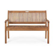 Natúr színű, akácfából készült, kétszemélyes kerti pad, háttámlával és karfával.