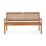 Natúr színű, akácfából készült, háromszemélyes kerti pad, háttámlával és karfával.