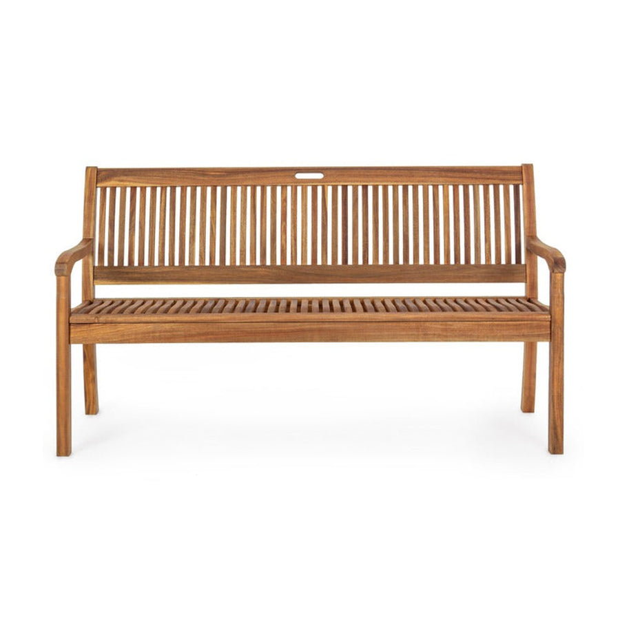 Natúr színű, akácfából készült, háromszemélyes kerti pad, háttámlával és karfával.