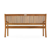 Natúr színű, akácfából készült, háromszemélyes kerti pad, háttámlával és karfával.