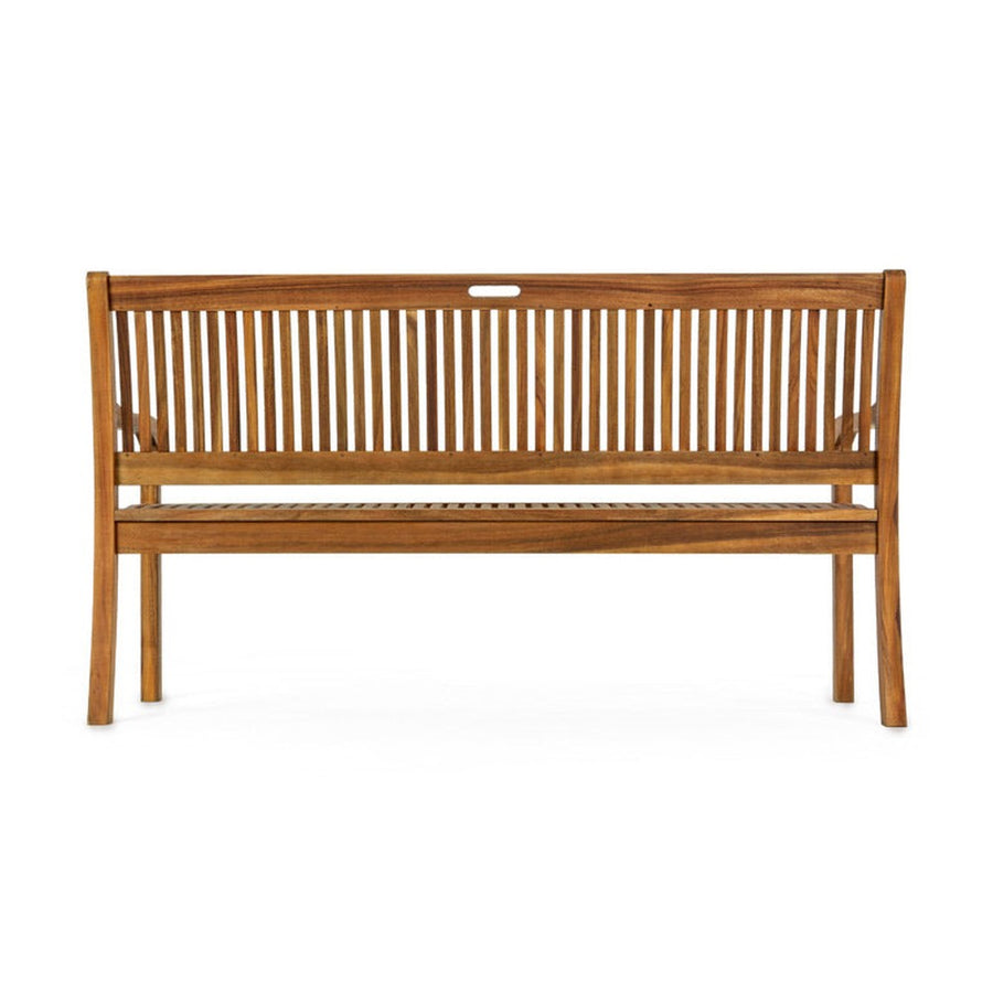 Natúr színű, akácfából készült, háromszemélyes kerti pad, háttámlával és karfával.