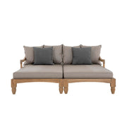 Két darabos, keleti stílusú teakfa pihenőágy szett szürkésbarna színű ülő- és hátpárnákkal.