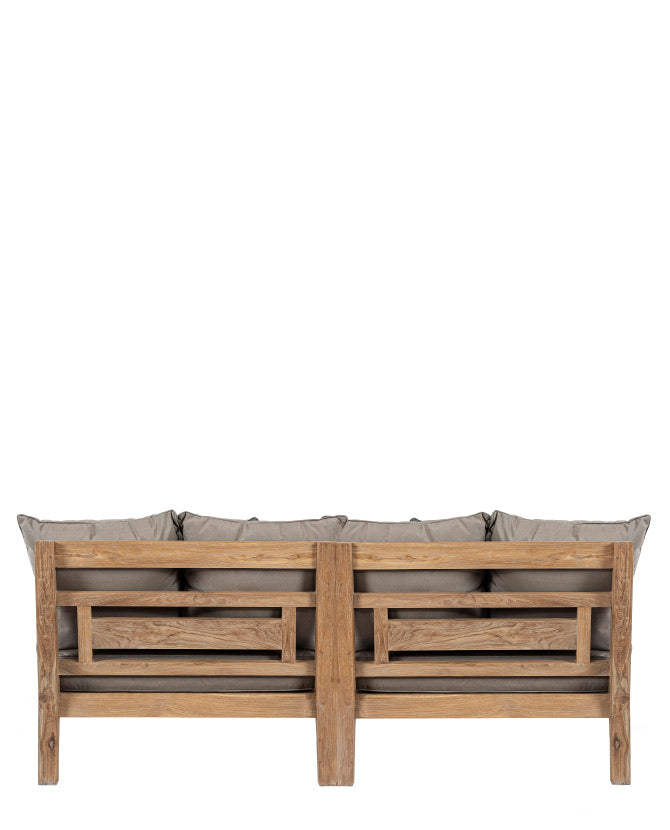 Két darabos, keleti stílusú teakfa pihenőágy szett szürkésbarna színű ülő- és hátpárnákkal.