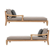 Két darabos, keleti stílusú teakfa pihenőágy szett szürkésbarna színű ülő- és hátpárnákkal.