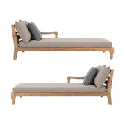 Két darabos, keleti stílusú teakfa pihenőágy szett szürkésbarna színű ülő- és hátpárnákkal.