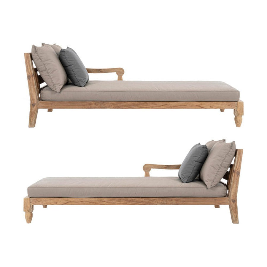 Két darabos, keleti stílusú teakfa pihenőágy szett szürkésbarna színű ülő- és hátpárnákkal.