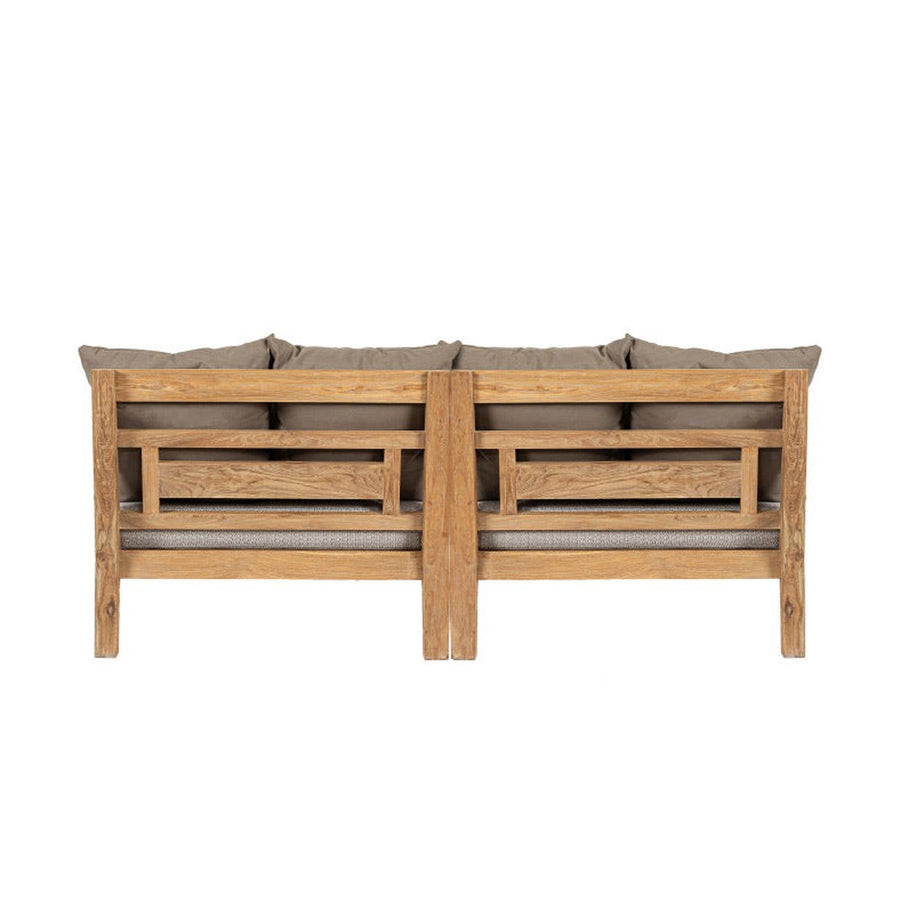 Két darabos, keleti stílusú teakfa pihenőágy szett bézs színű ülő- és hátpárnákkal.