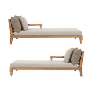 Két darabos, keleti stílusú teakfa pihenőágy szett bézs színű ülő- és hátpárnákkal.