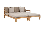 Két darabos, keleti stílusú teakfa pihenőágy szett bézs színű ülő- és hátpárnákkal.