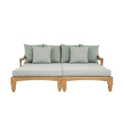 Két darabos, keleti stílusú teakfa pihenőágy szett zöldeskék színű ülő- és hátpárnákkal.