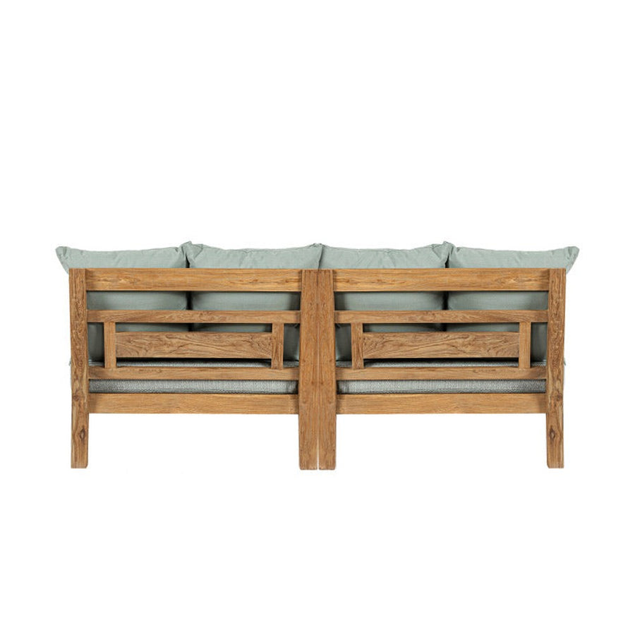 Két darabos, keleti stílusú teakfa pihenőágy szett zöldeskék színű ülő- és hátpárnákkal.