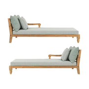 Két darabos, keleti stílusú teakfa pihenőágy szett zöldeskék színű ülő- és hátpárnákkal.