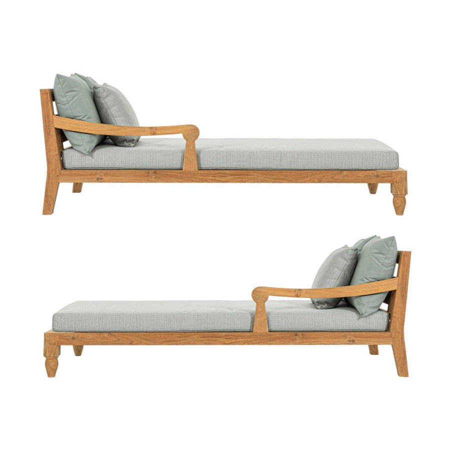 Két darabos, keleti stílusú teakfa pihenőágy szett zöldeskék színű ülő- és hátpárnákkal.