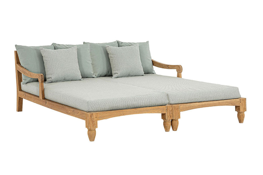 Két darabos, keleti stílusú teakfa pihenőágy szett zöldeskék színű ülő- és hátpárnákkal.