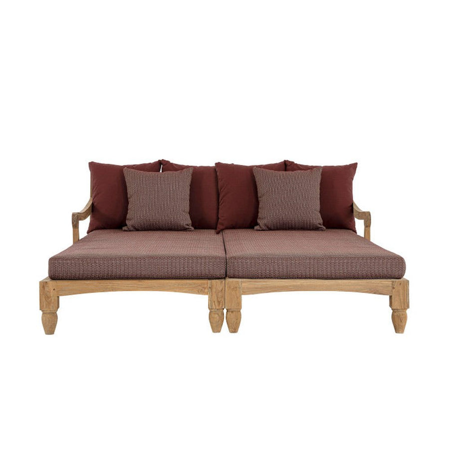 Két darabos, keleti stílusú teakfa pihenőágy szett bordó színű ülő- és hátpárnákkal.