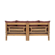 Két darabos, keleti stílusú teakfa pihenőágy szett bordó színű ülő- és hátpárnákkal.