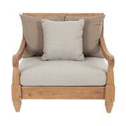 Keleti stílusú teakfa fotel bézs színű ülő- és hátpárnákkal.