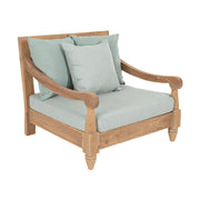 Keleti stílusú teakfa fotel zöldeskék ülő- és hátpárnákkal.