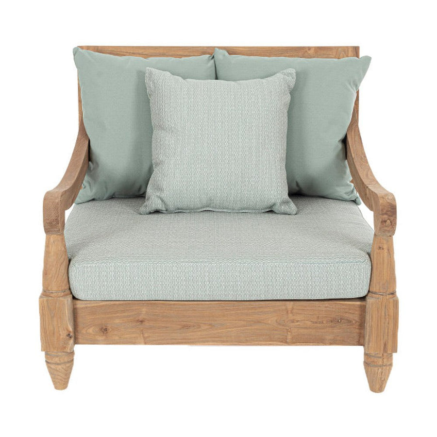 Keleti stílusú teakfa fotel zöldeskék ülő- és hátpárnákkal.