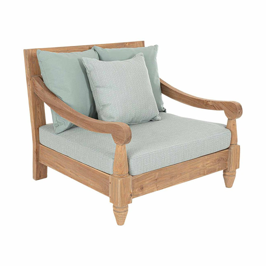 Keleti stílusú teakfa fotel zöldeskék ülő- és hátpárnákkal.