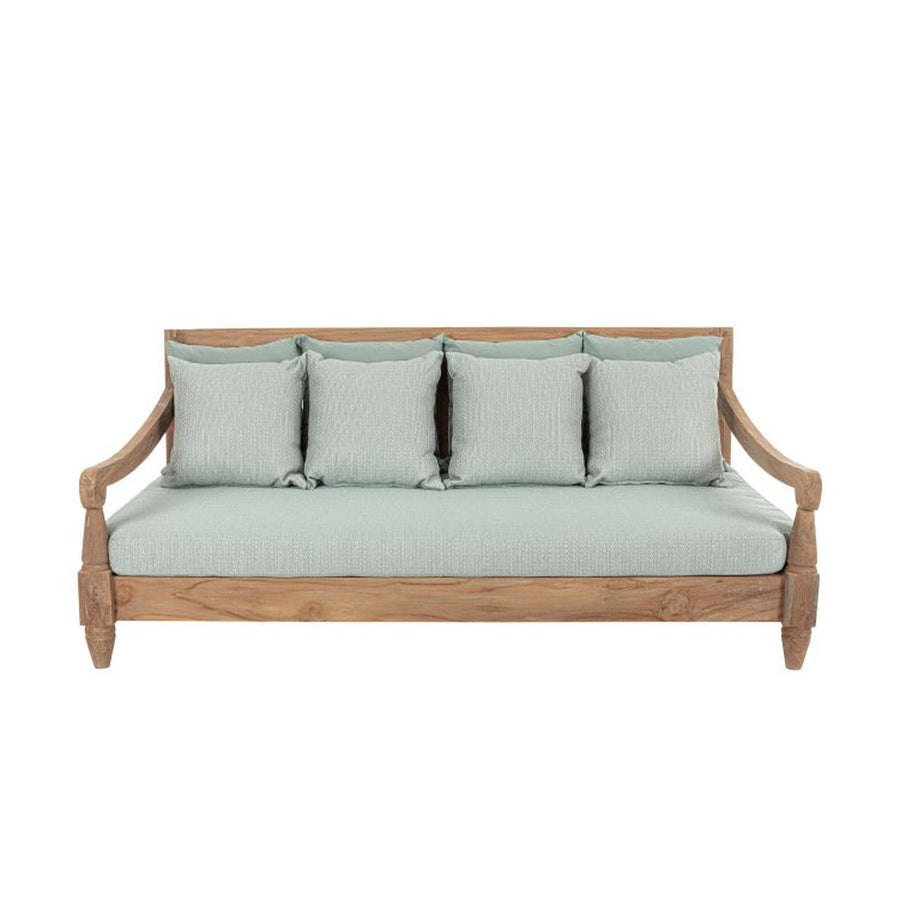 Keleti stílusú teakfa kanapé zöldeskék ülő- és hátpárnákkal.