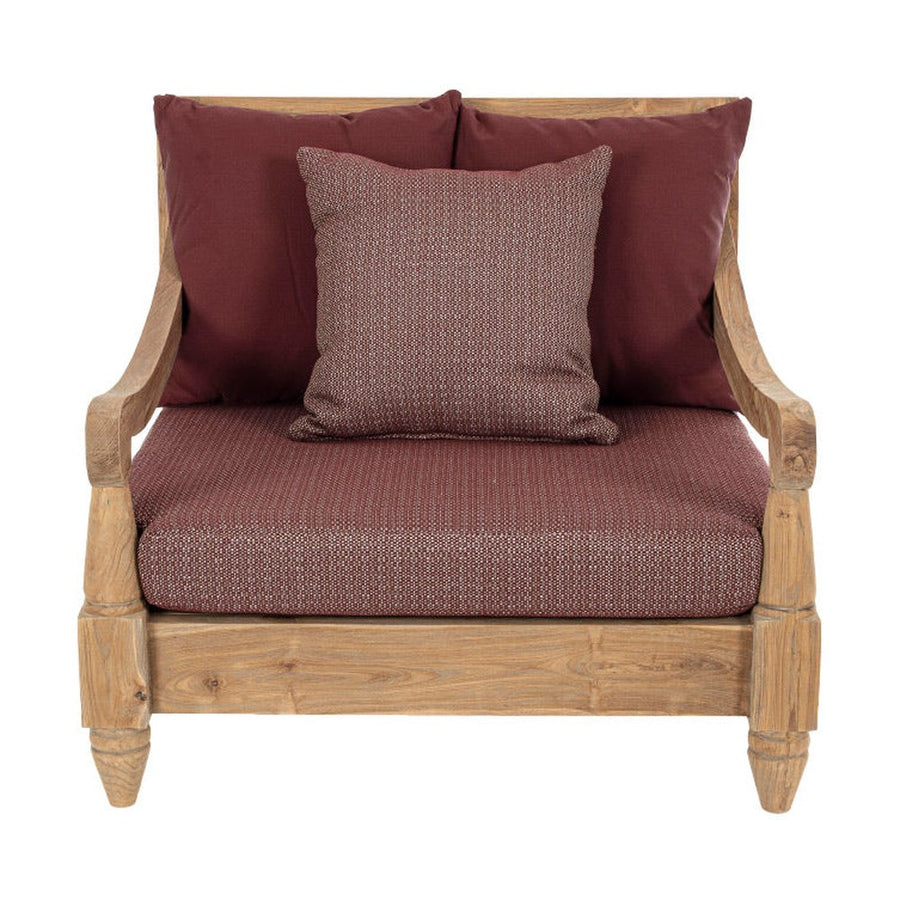 Keleti stílusú teakfa fotel bordó színű ülő- és hátpárnákkal.