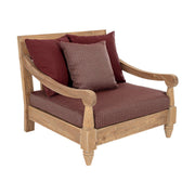 Keleti stílusú teakfa fotel bordó színű ülő- és hátpárnákkal.