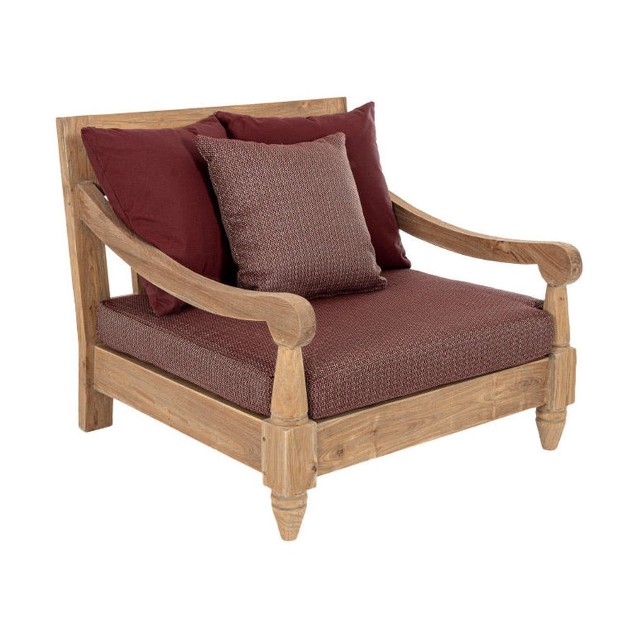 Keleti stílusú teakfa fotel bordó színű ülő- és hátpárnákkal.