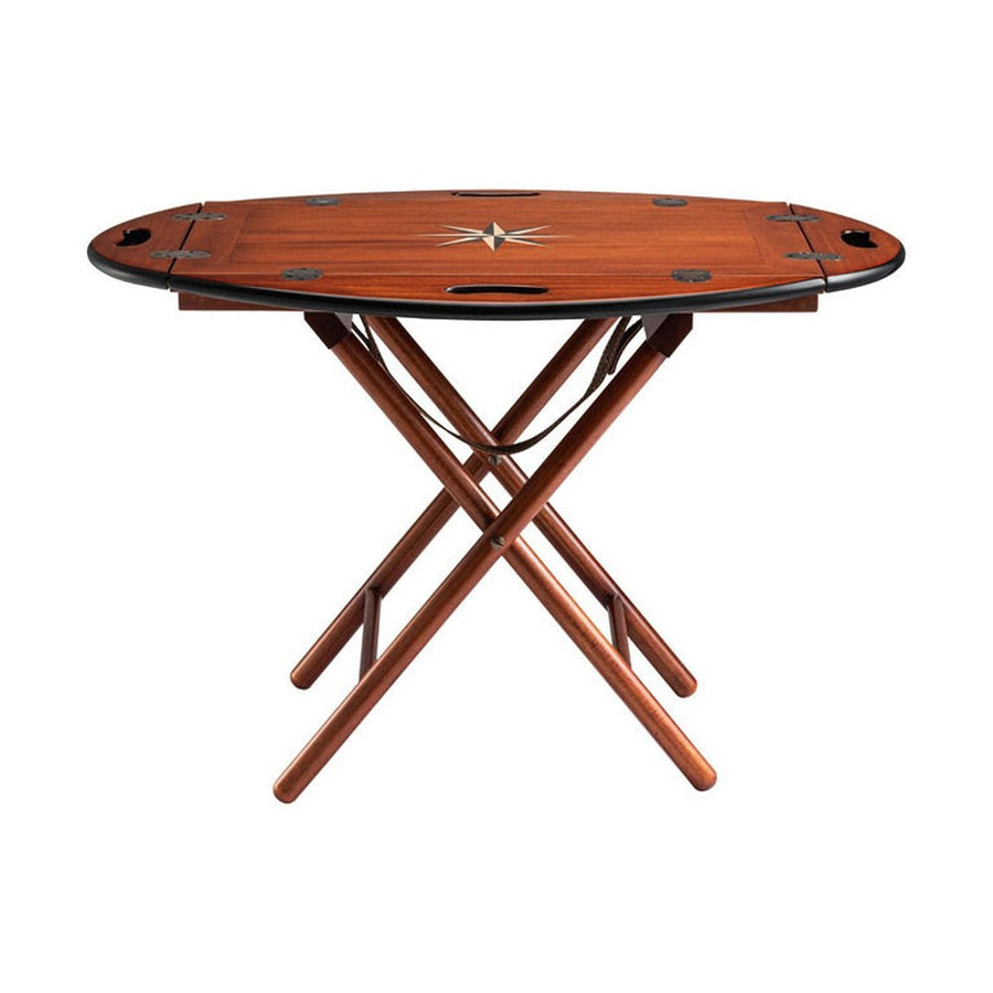 Mahagónifából készült, hordozható, tálcává alakítható szervírozóasztal asztal funkciója.