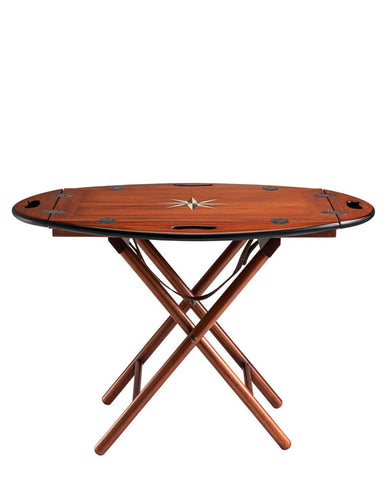 Mahagónifából készült, hordozható, tálcává alakítható szervírozóasztal asztal funkciója.
