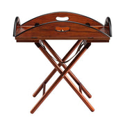 Mahagónifából készült, hordozható, tálcává alakítható szervírozóasztal tálca funkciója.