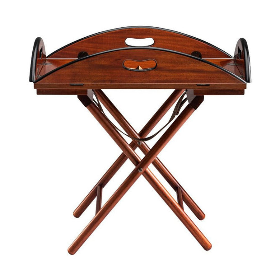 Mahagónifából készült, hordozható, tálcává alakítható szervírozóasztal tálca funkciója.