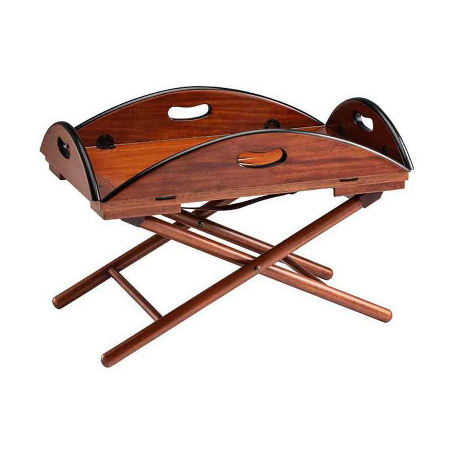 Mahagónifából készült, hordozható, tálcává alakítható szervírozóasztal reggelizőasztal funkciója.