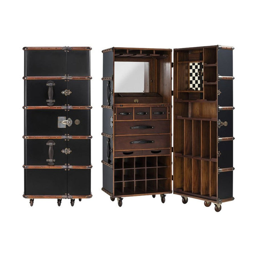 Századfordulós utazási bőröndök stílusában készült, fekete és mahagóni színű többfukciós bárszekrény görgőkön.