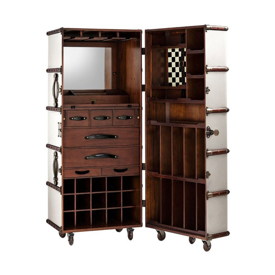Századfordulós utazási bőröndök stílusában készült, törtfehér és mahagóni színű többfukciós bárszekrény nyitva.