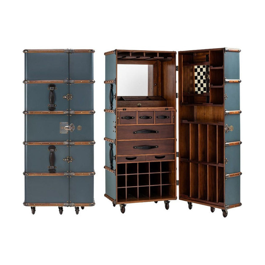 Századfordulós utazási bőröndök stílusában készült, kék és mahagóni színű többfukciós bárszekrény görgőkön.