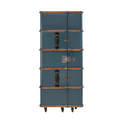 Századfordulós utazási bőröndök stílusában készült, kék és mahagóni színű többfukciós bárszekrény zárt állapotban.