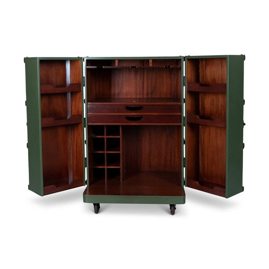 Századfordulós utazási bőröndök stílusában készült, zöld és mahagóni színű többfukciós bárszekrény nyitva.